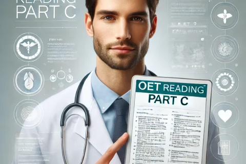 DALL·E 2024-10-09 13.19.30 - A realistic image of a healthcare professional holding a tablet displaying OET Reading Part C passages, with a light, clean background and no text or