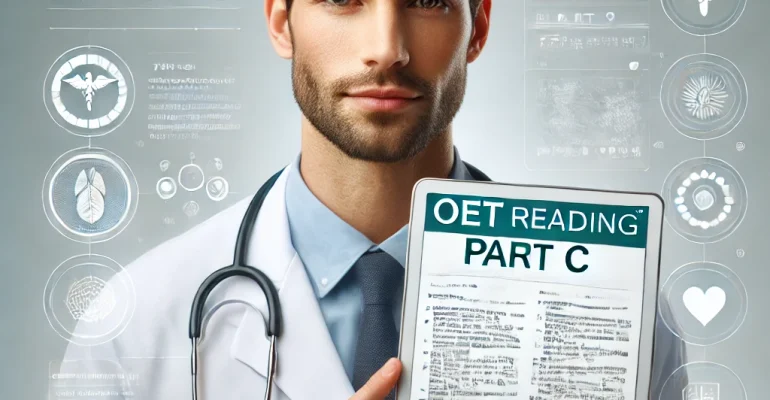 DALL·E 2024-10-09 13.19.30 - A realistic image of a healthcare professional holding a tablet displaying OET Reading Part C passages, with a light, clean background and no text or