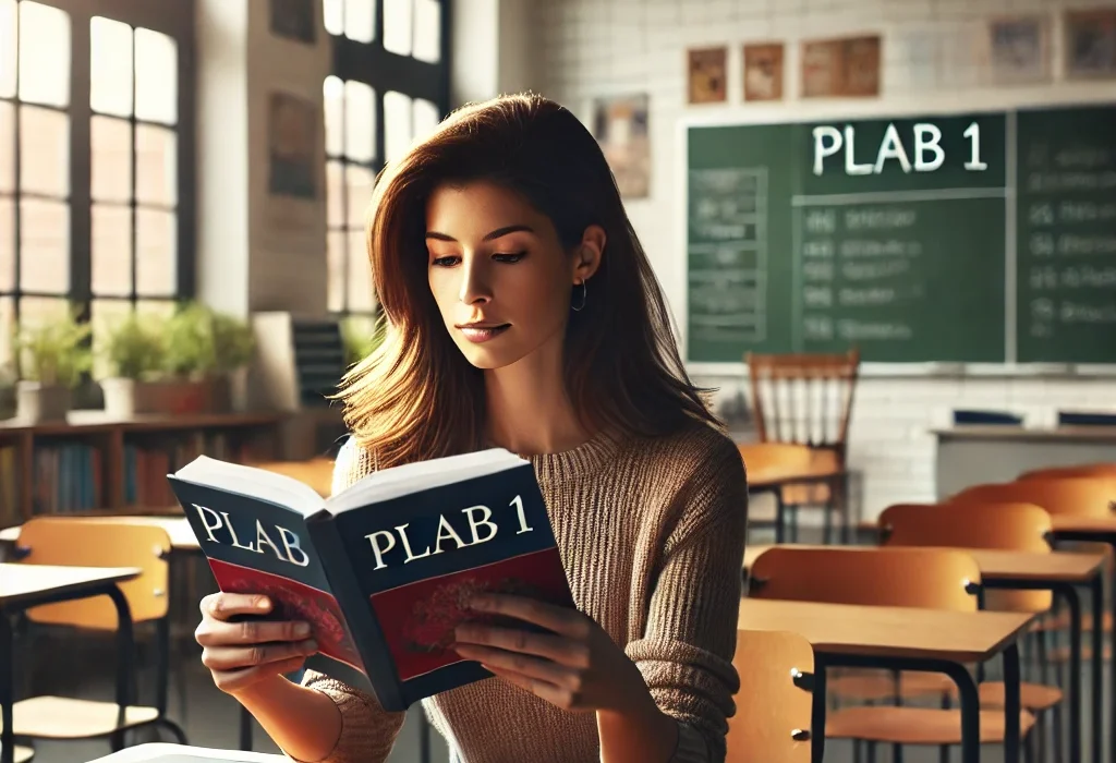 DALL·E 2024-07-08 18.16.12 - A woman sitting in a classroom, attentively reading a book titled 'PLAB 1'. She is surrounded by desks and chairs, with a chalkboard and educational p