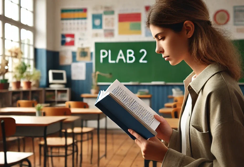 DALL·E 2024-07-08 18.21.35 - A woman sitting in a classroom, focused on reading a book titled 'PLAB 2'. She is at a desk, surrounded by classroom elements such as desks, chairs, a