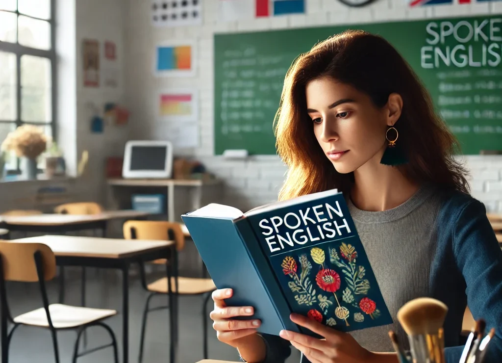 DALL·E 2024-07-08 18.23.40 - A woman sitting in a classroom, focused on reading a book titled 'Spoken English'. She is at a desk, surrounded by classroom elements such as desks, c