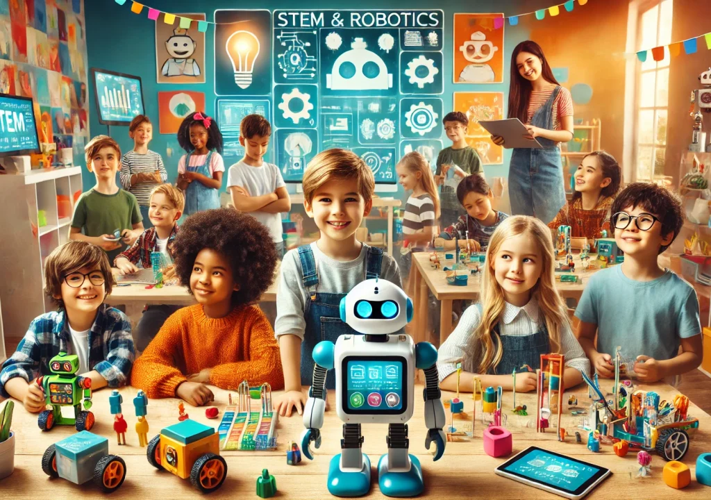 DALL·E 2024-07-22 18.18.27 - A vibrant and engaging hero section for a STEM and Robotics webpage focused on children. The scene includes a diverse group of young kids, aged 6-12,