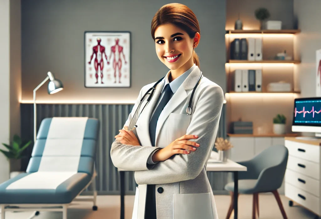 DALL·E 2024-07-22 19.15.17 - A professional and friendly young woman, appearing confident and approachable, dressed in a neat doctor's suit. She is in a clean and modern medical o